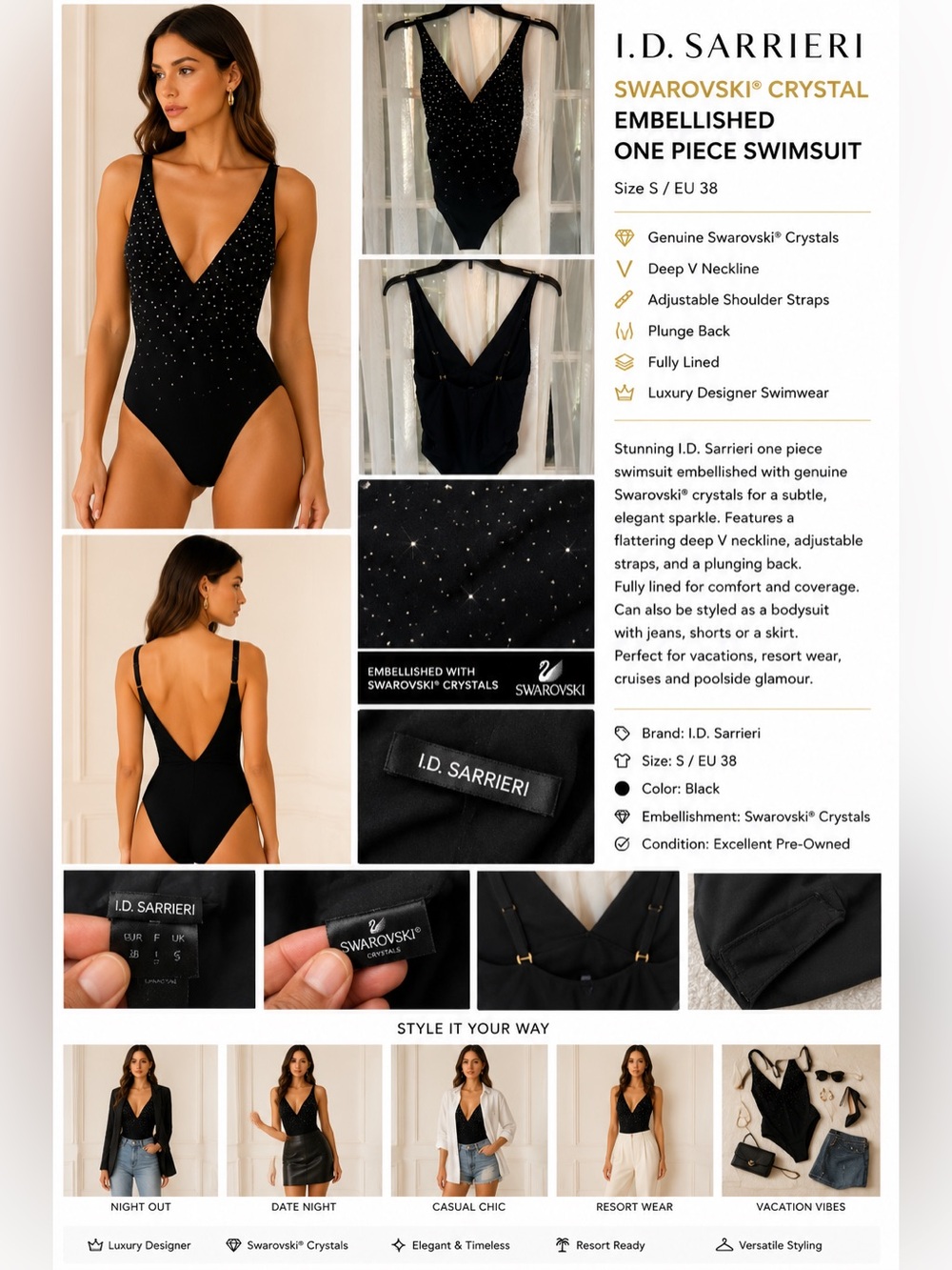 I.D. Sarrieri Swarovski Crystal Embellished Black One Piece Swimsuit Small EU 38